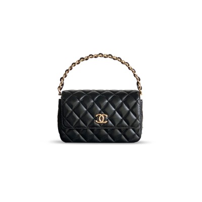 CHANEL HANDLE FLAP BAG LAMBSKIN & GOLD METAL BLACK 496581 (18.5*10.5*8cm)